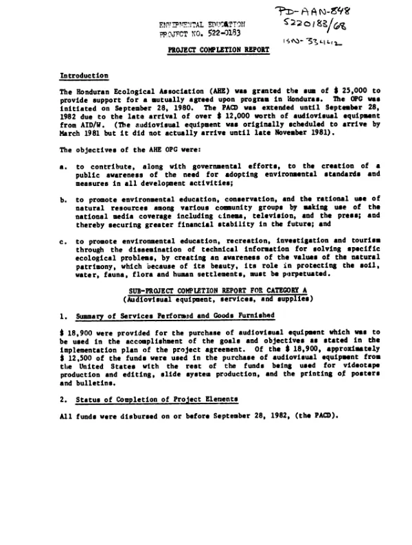 Environmental education : project completion report