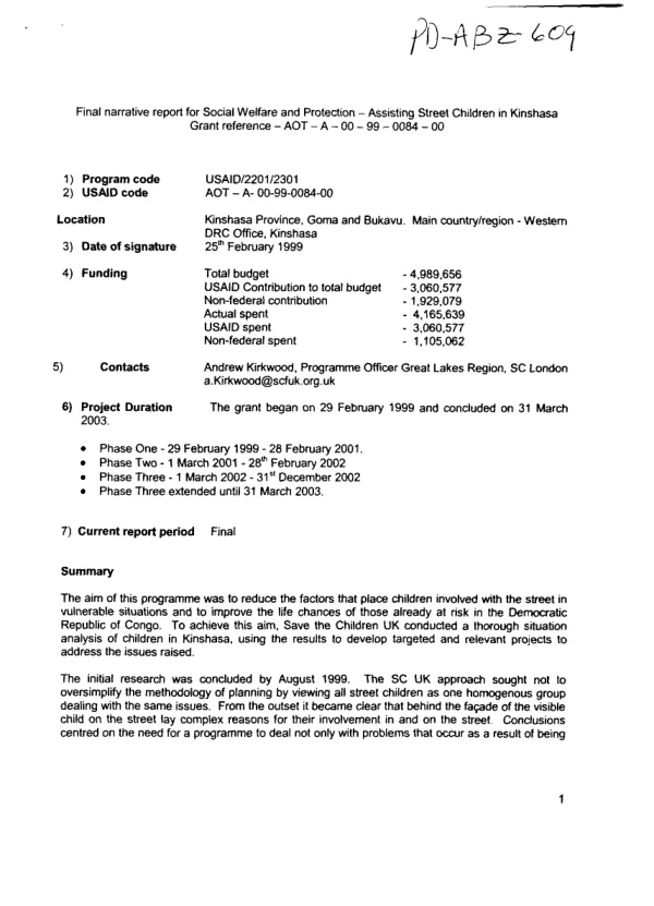 Final narrative report for social welfare and protection : assisting street children in Kinshasa[, Congo DR] -- grant reference AOT-A-00-99-0084-00 [i.e. AOT-A-00-99-00084-00]