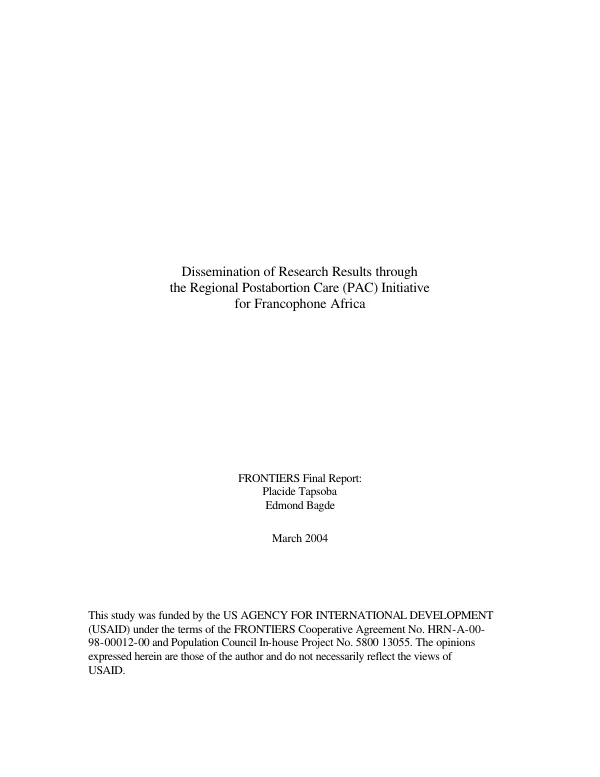 Dissemination of research results through the regional postabortion care (PAC) initiative for Francophone Africa