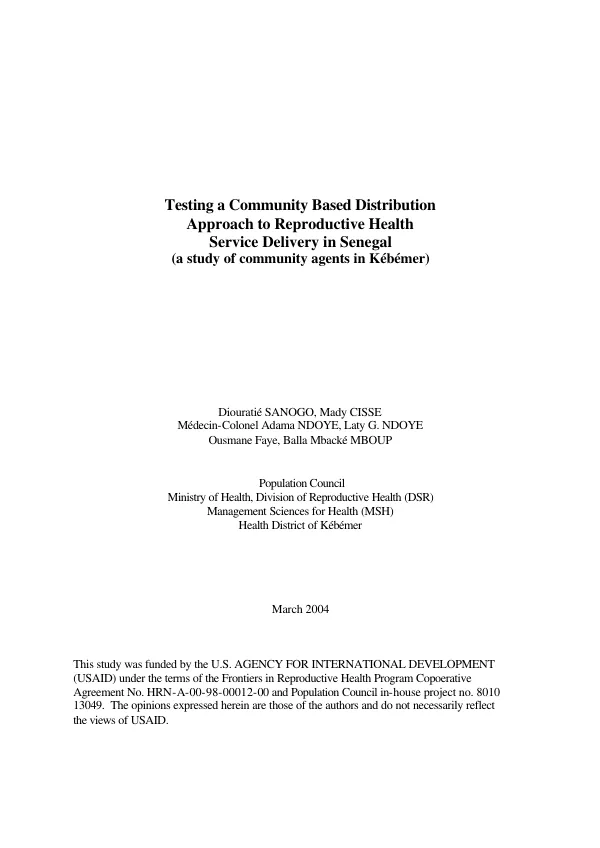 Testing a community based distribution approach to reproductive health service delivery in Senegal (a study of community agents in Kebemer)