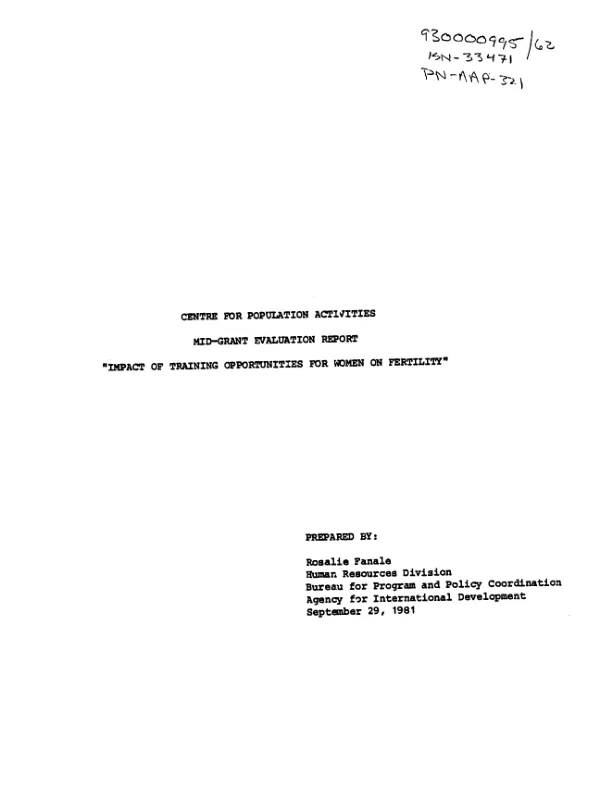 Centre for Population Activities mid-grant evaluation report : impact of training opportunities for women on fertility