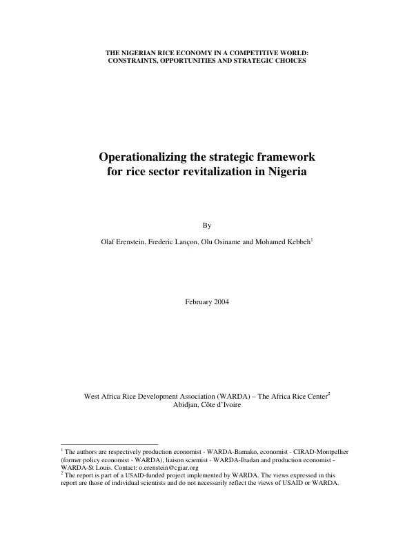 Operationalizing the strategic framework for rice sector revitalization in Nigeria