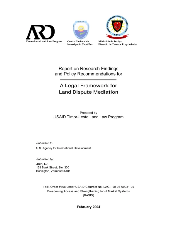 Report on research findings and policy recommendations for a legal framework for land dispute mediation