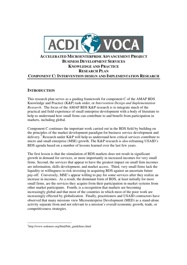Accelerated microenterprise advancement project, business development services, knowledge and practice [AMAP BDS K&P] : research plan -- component C -- intervention design and implementation research