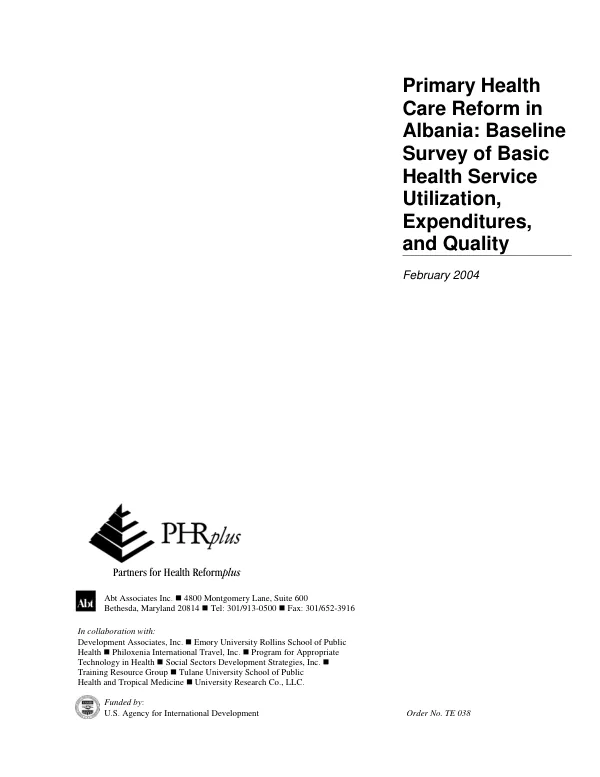 Primary health care reform in Albania : baseline survey of basic health service utilization, expenditures and quality