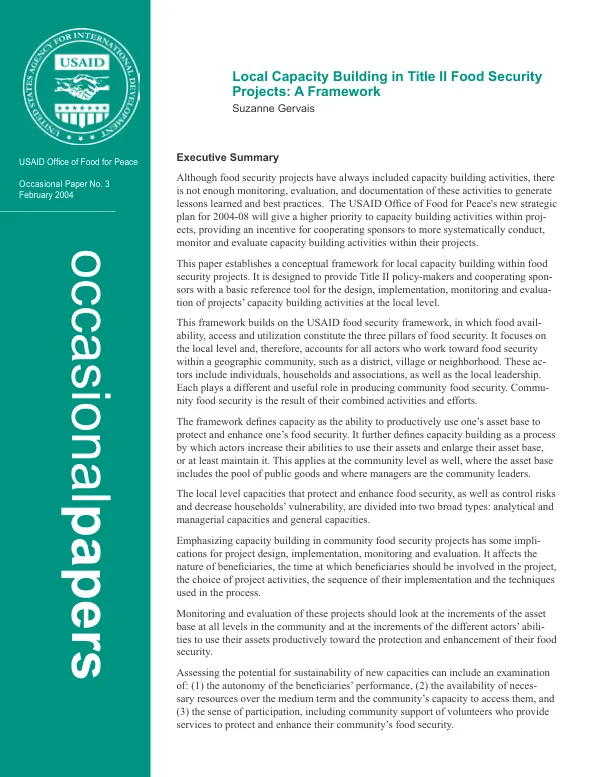 Local capacity building in Title II food security projects : a framework