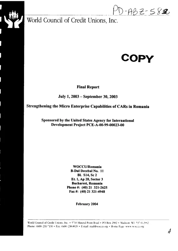 Final report : July 1, 2003-September 30, 2003 -- strengthening the micro enterprise capabilities of CARs [casa de ajutor reciproc (mutual help house)] in Romania
