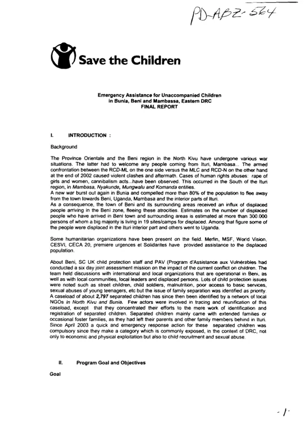 Emergency assistance for unaccompanied children in Bunia, Beni and Mambassa, eastern DRC (Democratic Republic of Congo) : final report