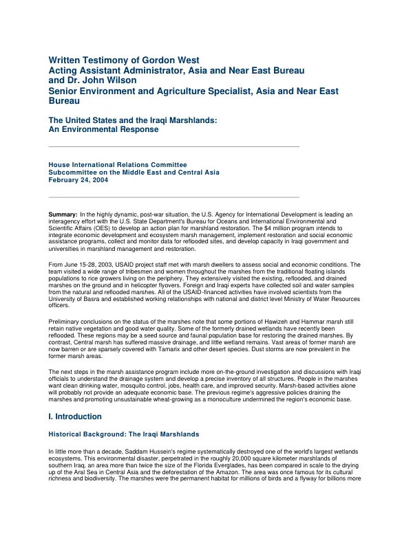 The United States and the Iraqi Marshlands : an environmental response