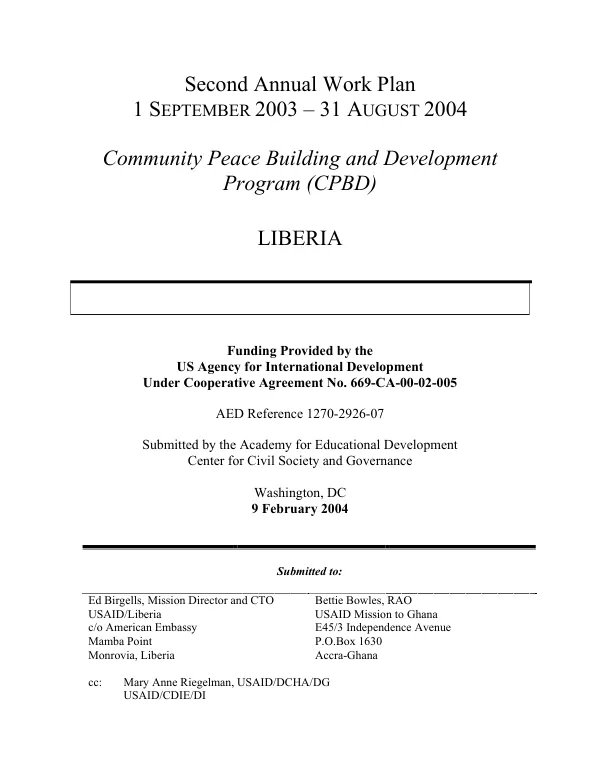 Second annual work plan : 1 September 2003-31 August 2004 -- community peace building and development program (CPBD) : Liberia