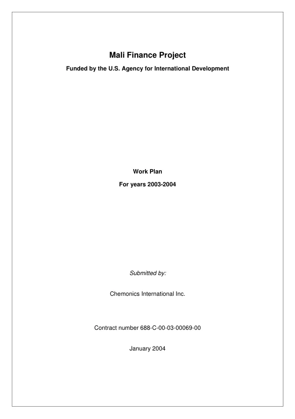 Mali finance project : work plan for years 2003-2004