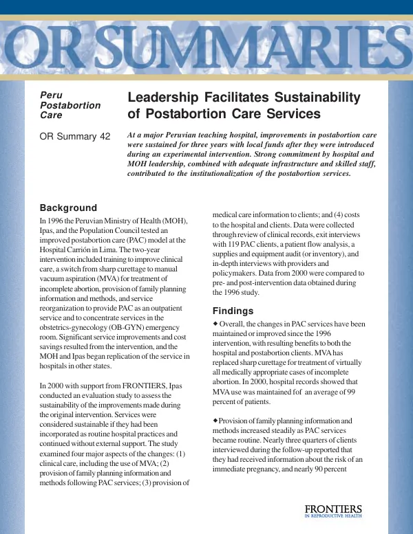 Leadership facilitates sustainability of postabortion care services
