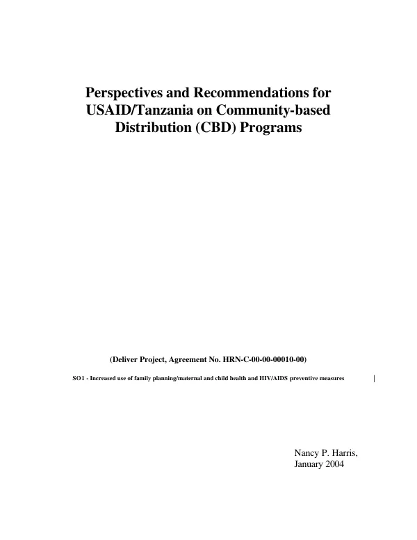 Perspectives and recommendations for USAID/Tanzania on community-based distribution (CBD) programs