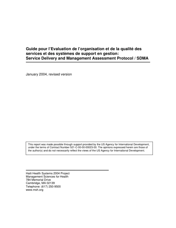 Guide pour l"evaluation de l"organisation et de la qualite des services et des systemes de support en gestion : service delivery and management assessment protocol/SDMA