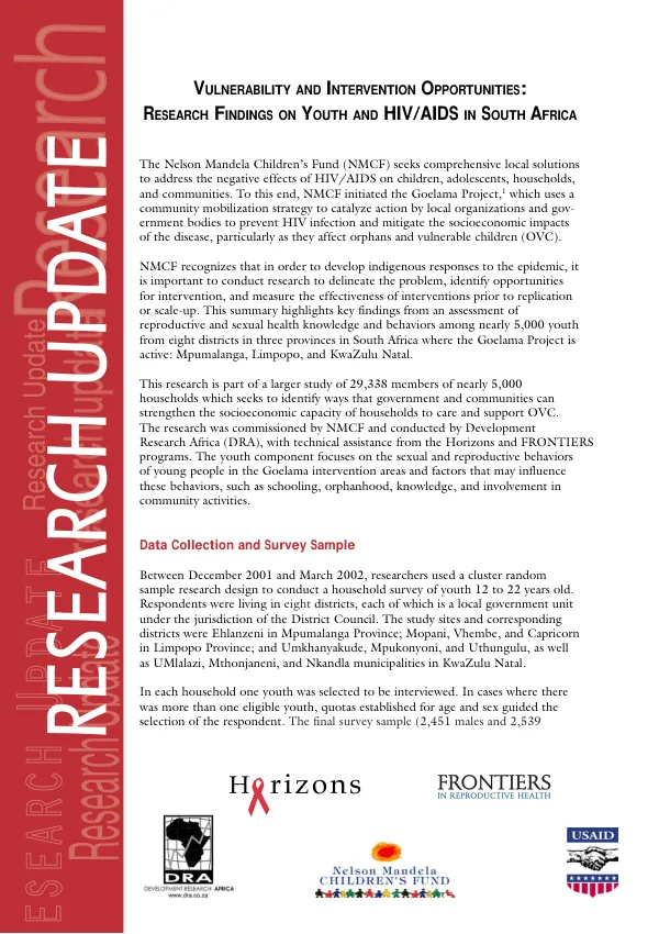 Vulnerability and intervention opportunities : research findings on youth and HIV/AIDS in South Africa