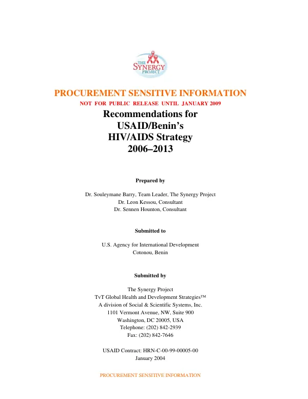 Recommendations for USAID/Benin"s HIV/AIDS strategy 2006-2013