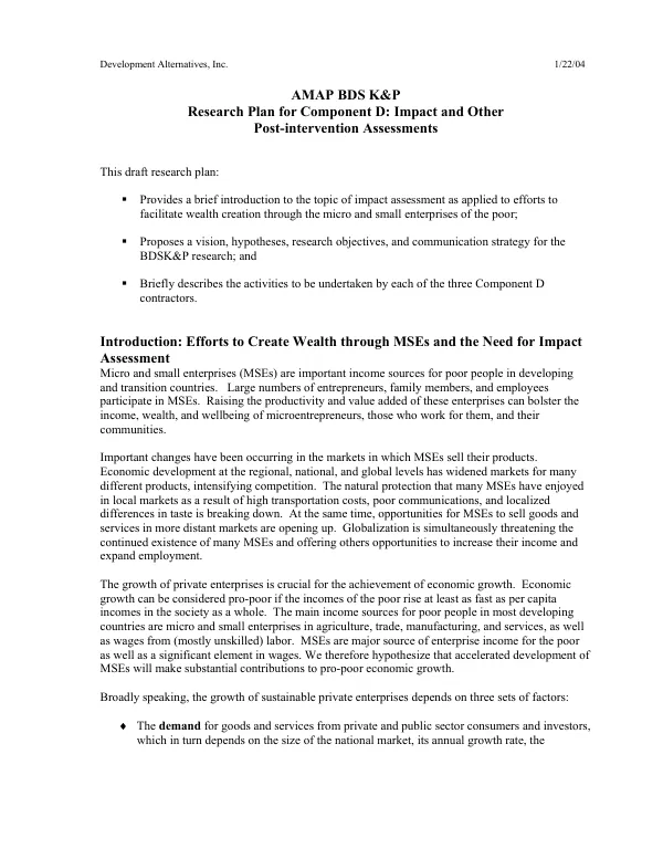 AMAP BDS K&P [accelerated microenterprise advancement project/business development services/knowledge and practice] : research plan for component D -- impact and other post-intervention assessments