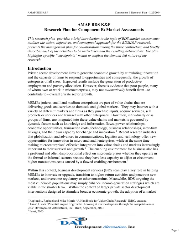 AMAP BDS K&P [accelerated microenterprise advancement project/business development services/knowledge and practice] : research plan for component B -- market assessments