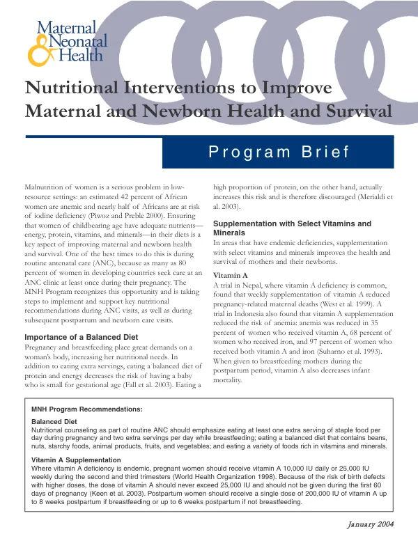 Nutritional interventions to improve maternal and newborn health and survival : [maternal & neonatal health] program brief