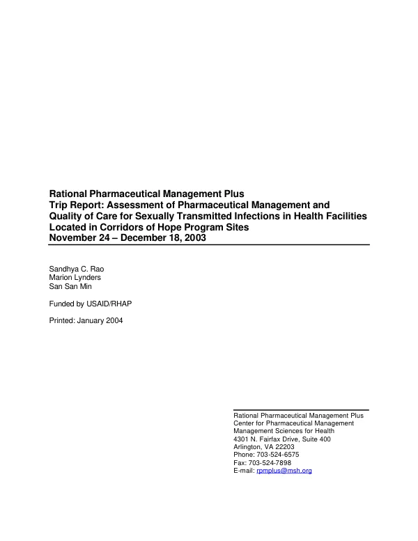 Trip report : assessment of pharmaceutical management and quality of care for sexually transmitted infections in health facilities located in Corridors of Hope program sites, November 24-December 18, 2003