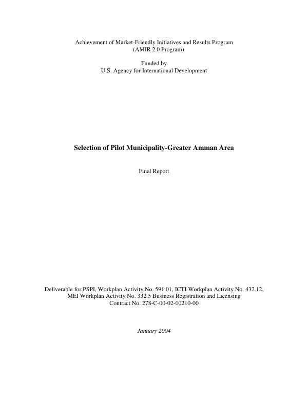Selection of pilot Municipality-Greater Amman area : final report