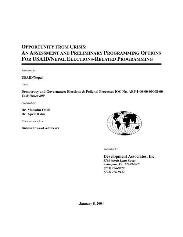 Opportunity from crisis : an assessment and preliminary programming options for USAID/Nepal elections-related programming