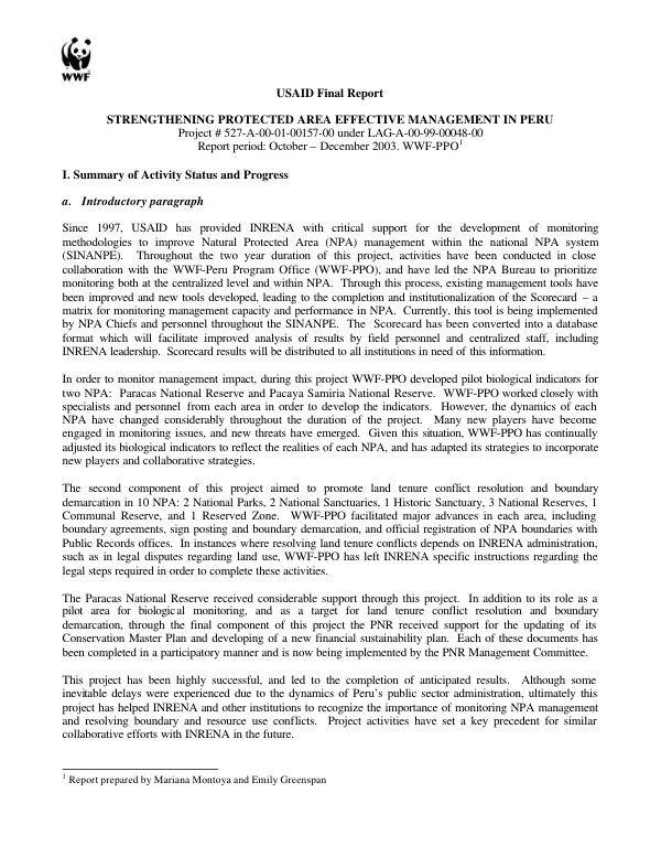 USAID final report : strengthening protected area effective management in Peru -- project # 527-A-00-01-00157-00 under LAG-A-00-99-00048-00 : report period, October-December 2003 -- WWF-PPO