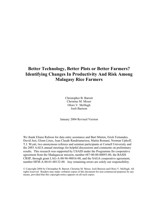 Better technology, better plots or better farmers? : identifying changes in productivity and risk among Malagasy rice farmers