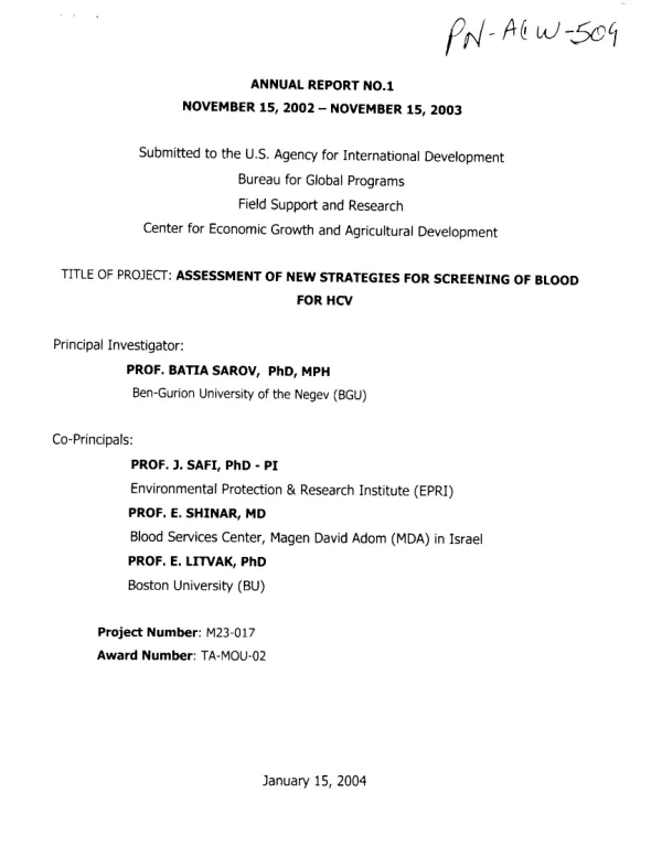 Annual report no. 1 : November 15, 2002-November 15, 2003 -- assessment of new strategies for screening of blood for HCV [hepatitis C virus]