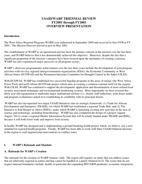 USAID/WARP triennial review FY2001 through FY2003 : overview presentation