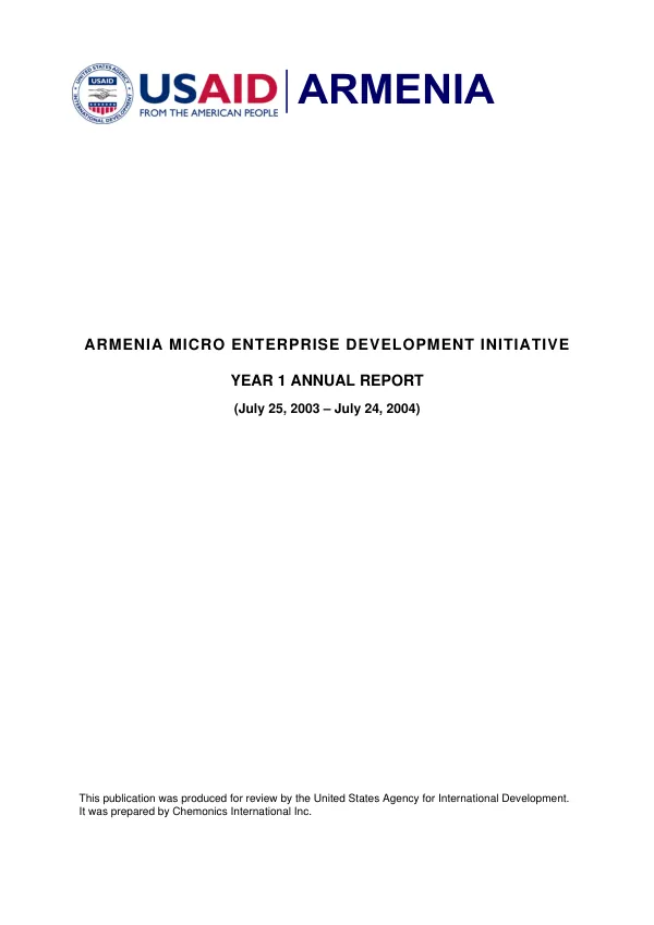 Armenia micro enterprise development initiative, year 1 annual report (July 25, 2003-July 24, 2004)