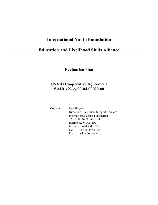 International Youth Foundation : education and livelihood skills alliance -- evaluation plan