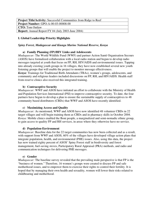 Successful communities from ridge to reef : annual report FY 04 (July 2003-June 2004)