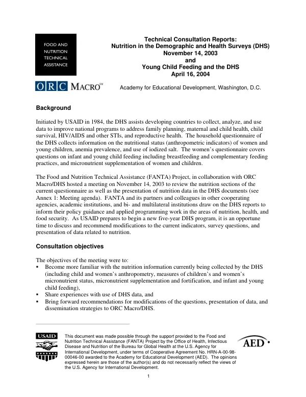 Technical consultation reports : nutrition in the demographic and health surveys (DHS) -- November 14, 2003 and young child feeding and the DHS, April 16, 2004