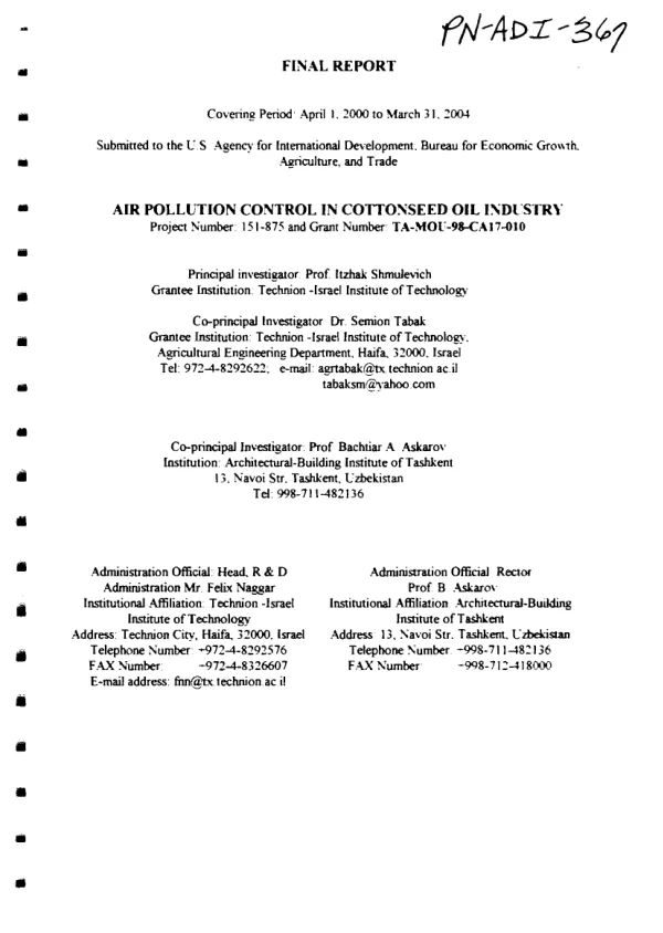 Final report covering period April 1, 2000 to March 31. 2004 -- air pollution control in cottonseed oil industry