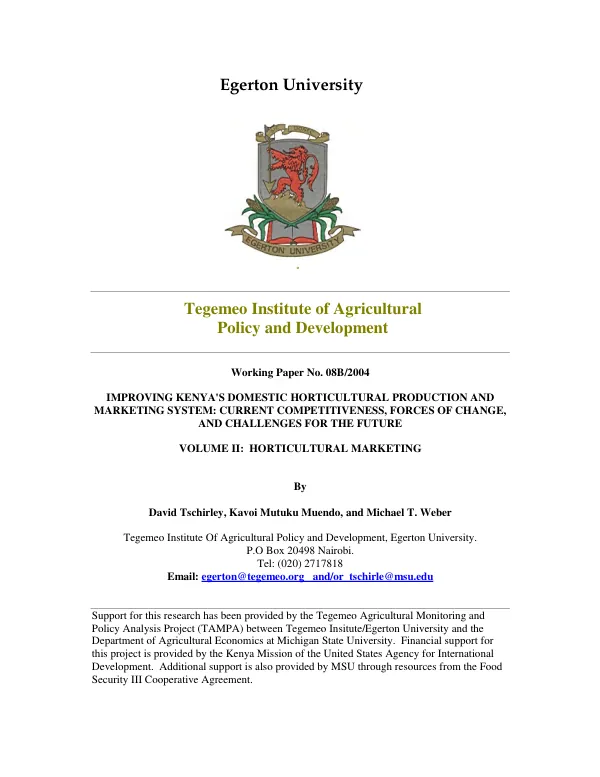 Improving Kenya"s domestic horticultural production and marketing system : current competitiveness, forces of change, and challenges for the future -- volume II : horticultural marketing