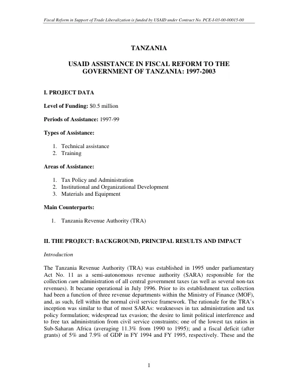 Tanzania : USAID assistance in fiscal reform to the Government of Tanzania -- 1997-2003