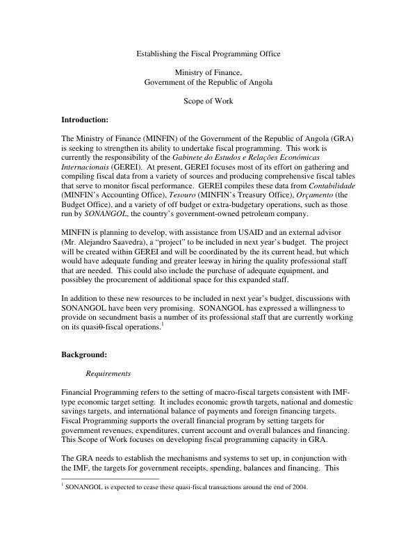 Establishing the Fiscal Programming Office, Ministry of Finance, Government of the Republic of Angola : scope of work