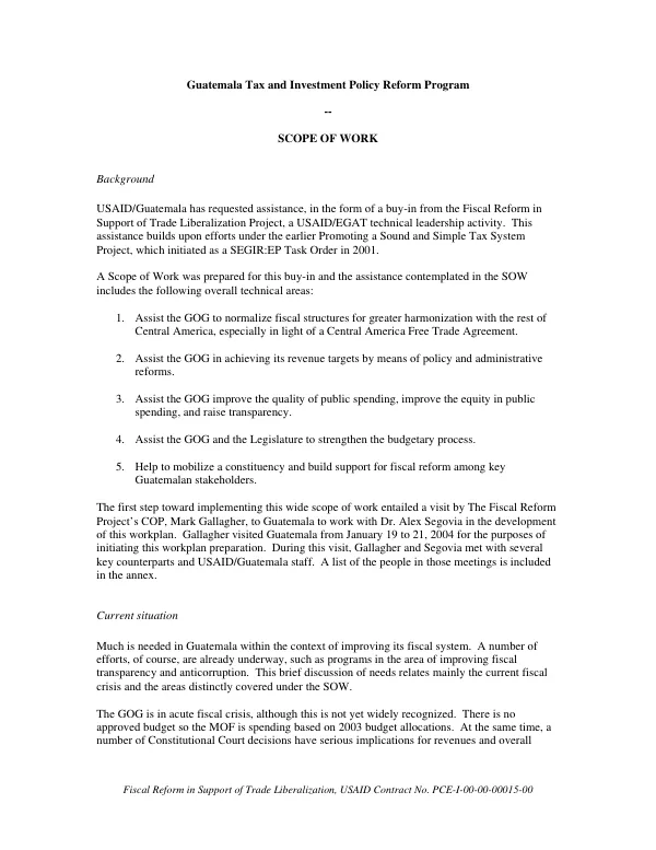 Guatemala tax and investment policy reform program : scope of work