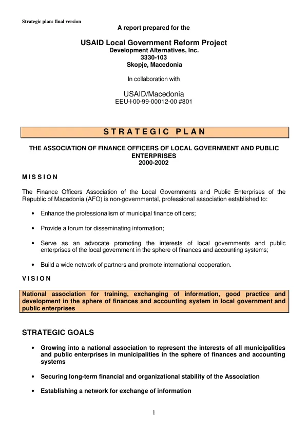 Strategic plan : the Association of Finance Officers [AFO] of Local Government and Public Enterprises[, of the Republic of Macedonia], 2000-2002