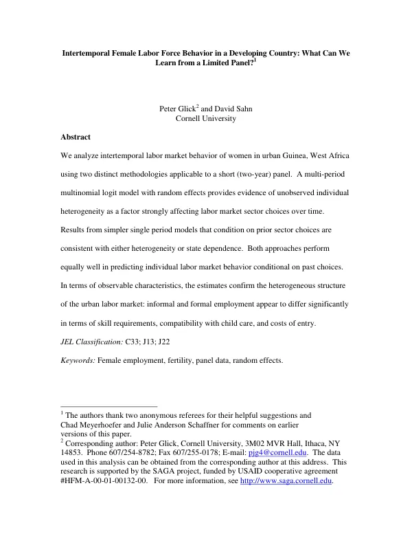 Intertemporal female labor force behavior in a developing country : what can we learn from a limited panel?