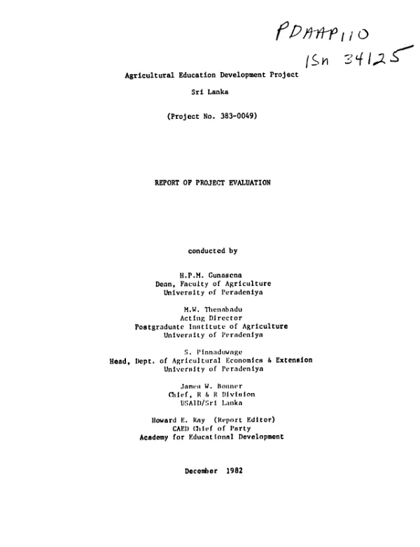 Agricultural education development project, Sri Lanka : report of project evaluation