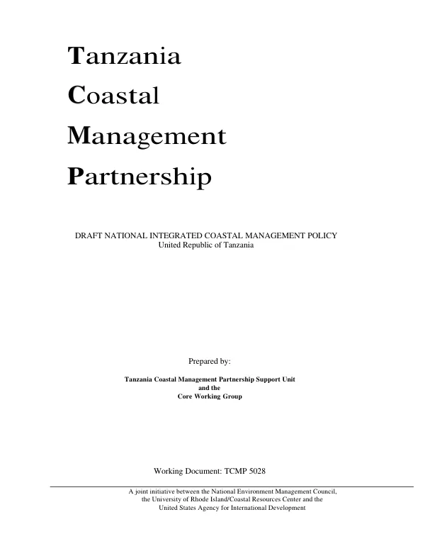 Draft national integrated coastal management [ICM] policy, United Republic of Tanzania