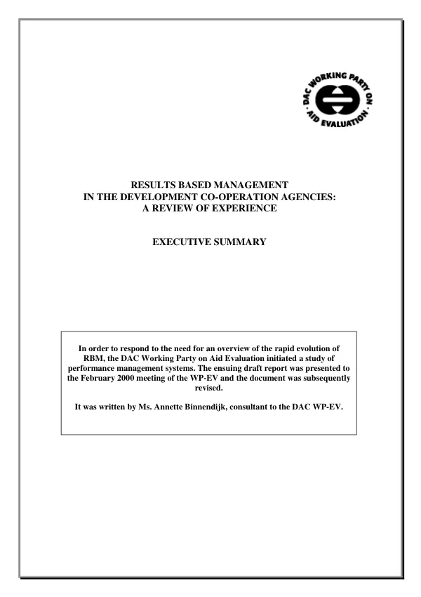 Results based management in the development co-operation agencies : a review of experience : executive summary
