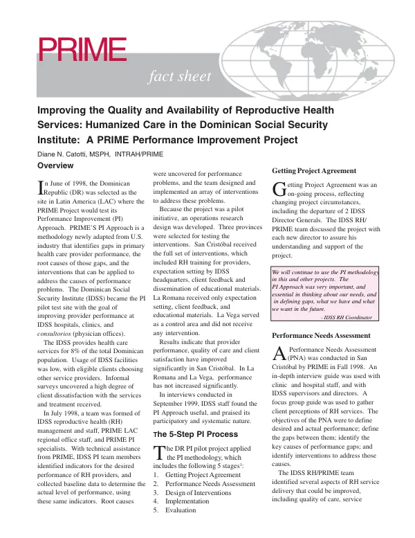 Improving the quality and availability of reproductive health services : humanized care in the Dominican Social Security Institute : a PRIME performance improvement project
