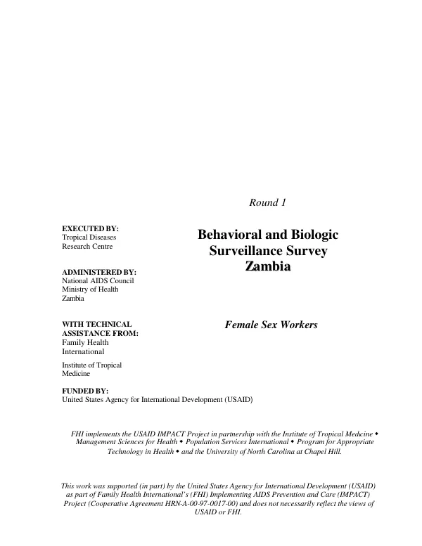 Round 1 : behavioral surveillance survey -- Zambia : female sex workers