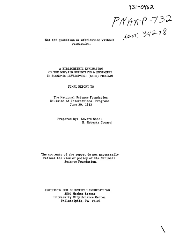 Bibliometric evaluation of the NSF/AID scientists and engineers in economic development (seed) program
