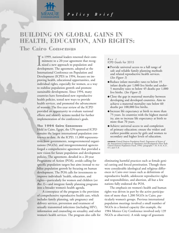 Building on global gains in health, education, and rights : the Cairo consensus