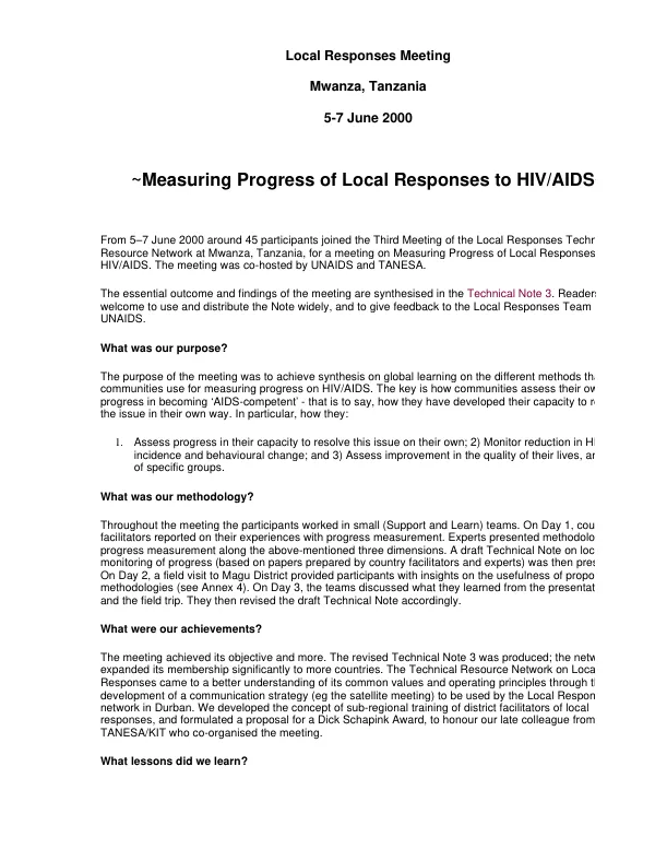 Measuring progress of local responses to HIV/AIDS