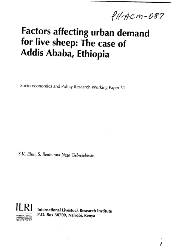 Factors affecting urban demand for live sheep : the case of Addis Ababa, Ethiopia